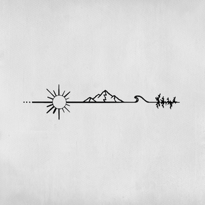 Long line tattoo with sun, mountain and sea.