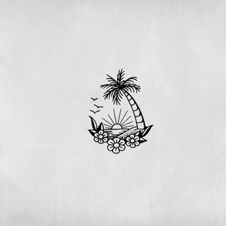 Sunset tattoo with 3 birds, coconut flowers