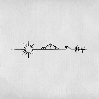 Long line tattoo with sun, mountain and sea.